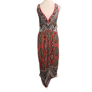 NWT Angie Large Geometric Print Maxi Dress Multicolor Red Sleeveless V Neck Boho